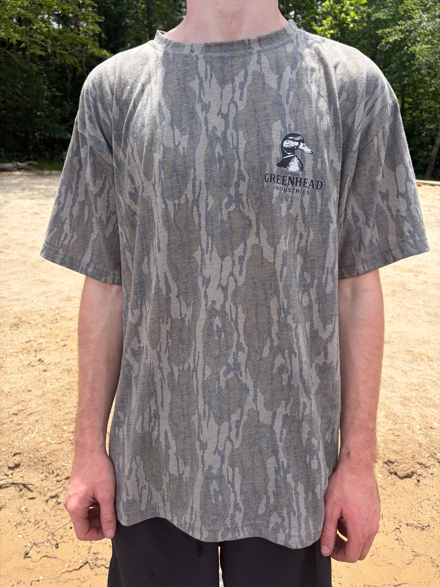 Duck head logo tee | Bottomland camo pattern|